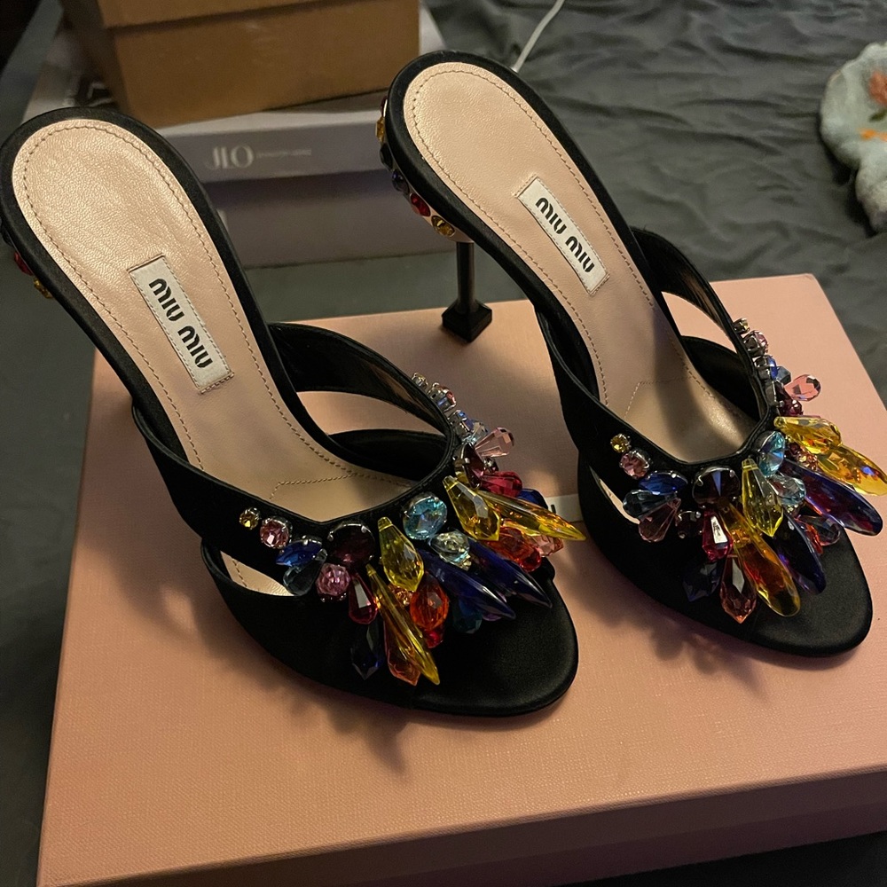 Miu Miu black beaded mules. No scuffing on the soles. Size 38